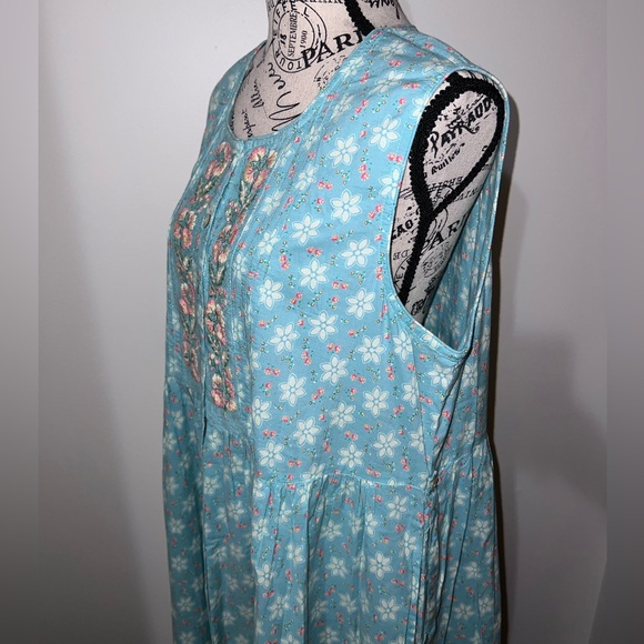 April Cornell Floral Embroidered Button Front Midi Dress Blue Lace Trim Large - Picture 5 of 14